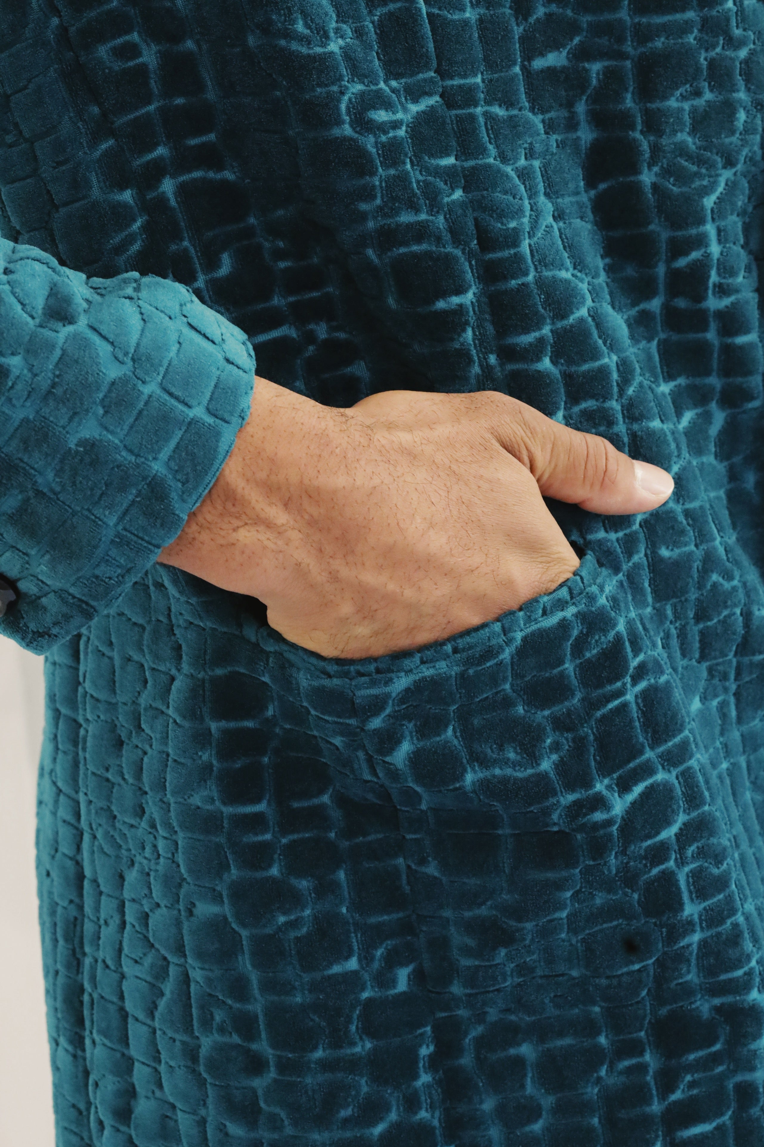 The Deep Teal Croc-Embossed Velvet Coat