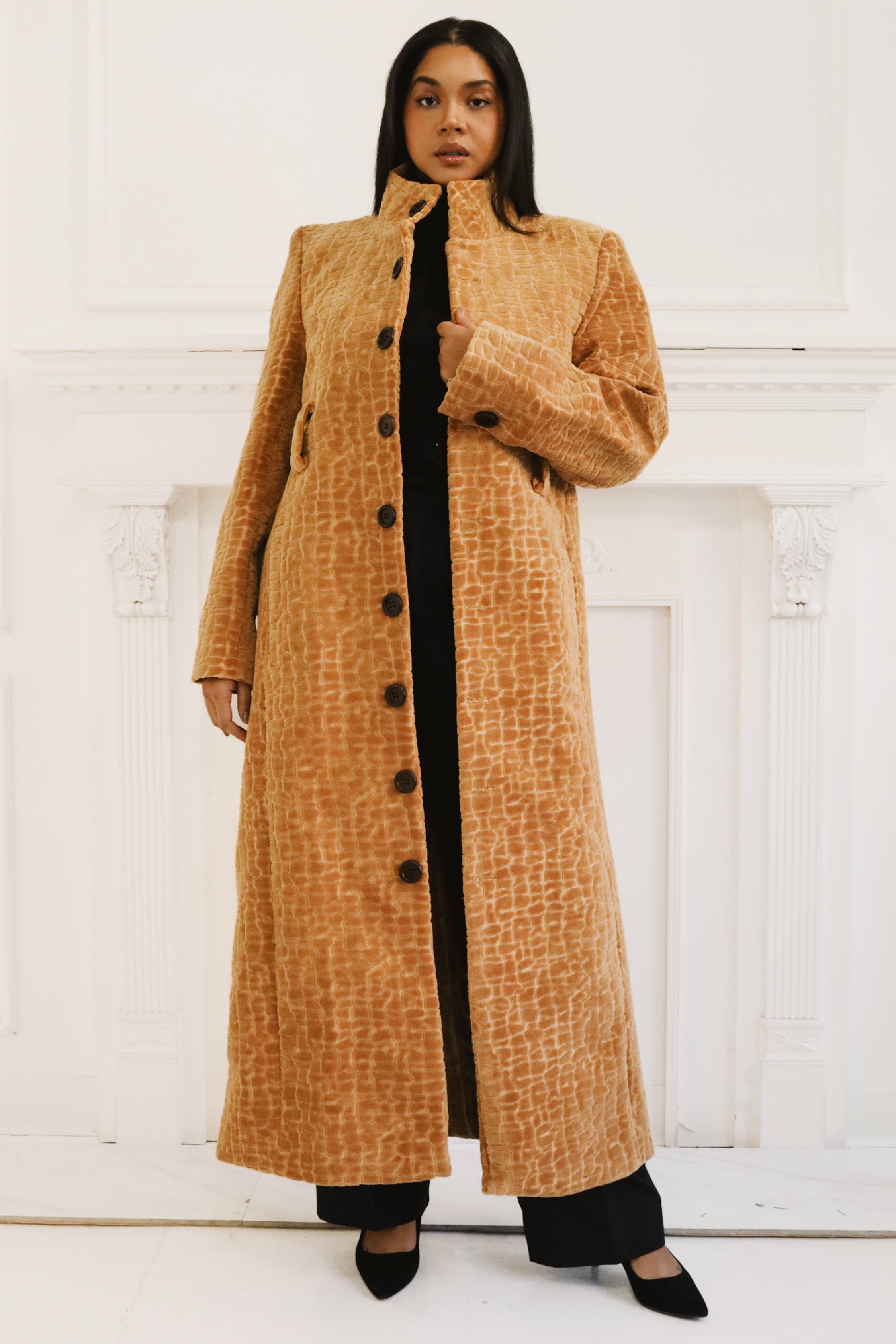 The Golden Camel Croc-Embossed Stand Collar Velvet Coat
