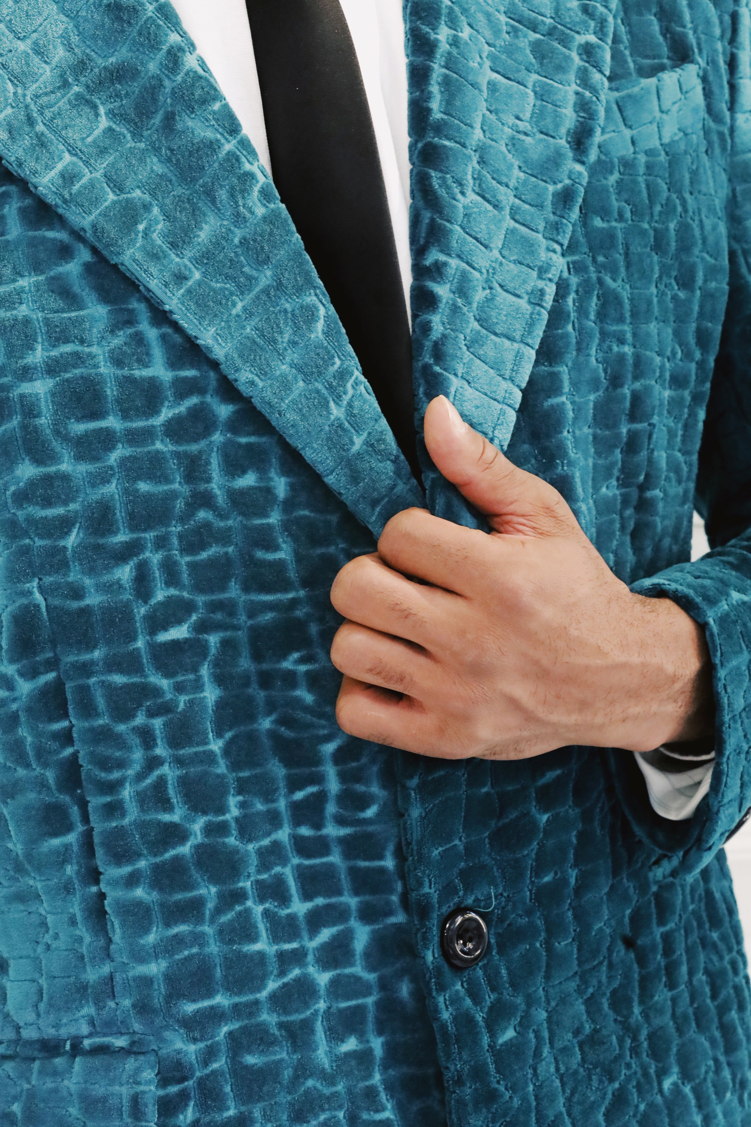 The Deep Teal Croc-Embossed Velvet Coat