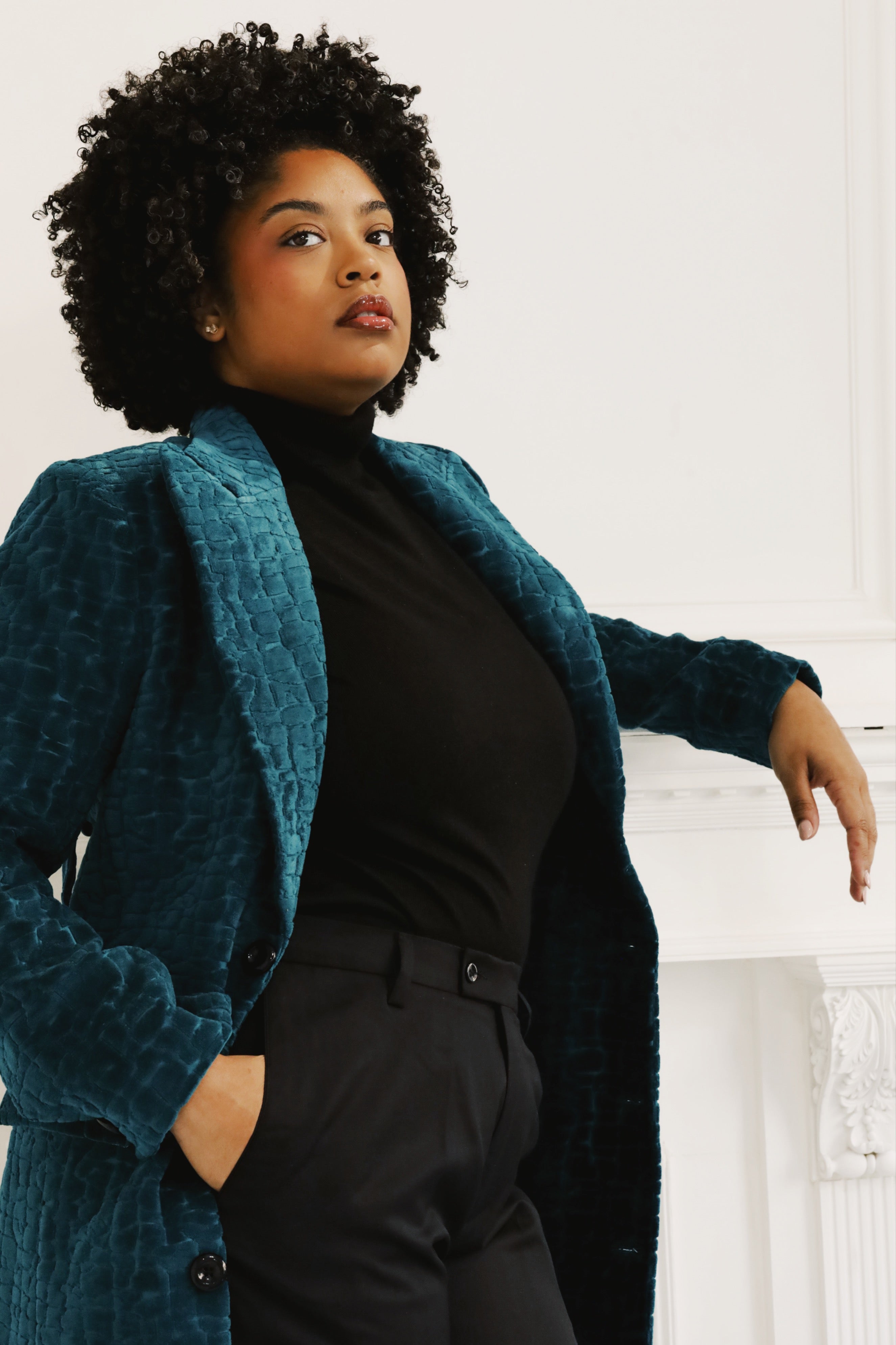 The Deep Teal Croc-Embossed Velvet Coat
