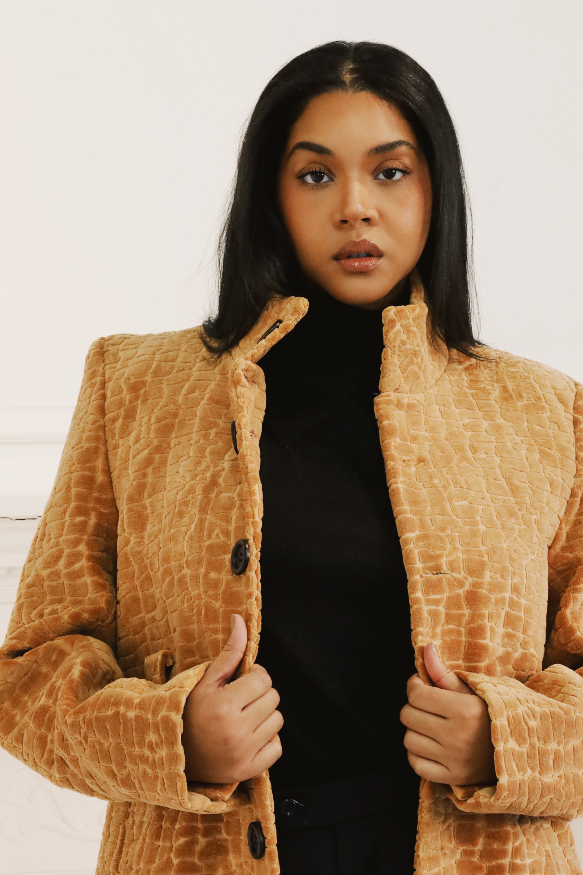 The Golden Camel Croc-Embossed Stand Collar Velvet Coat