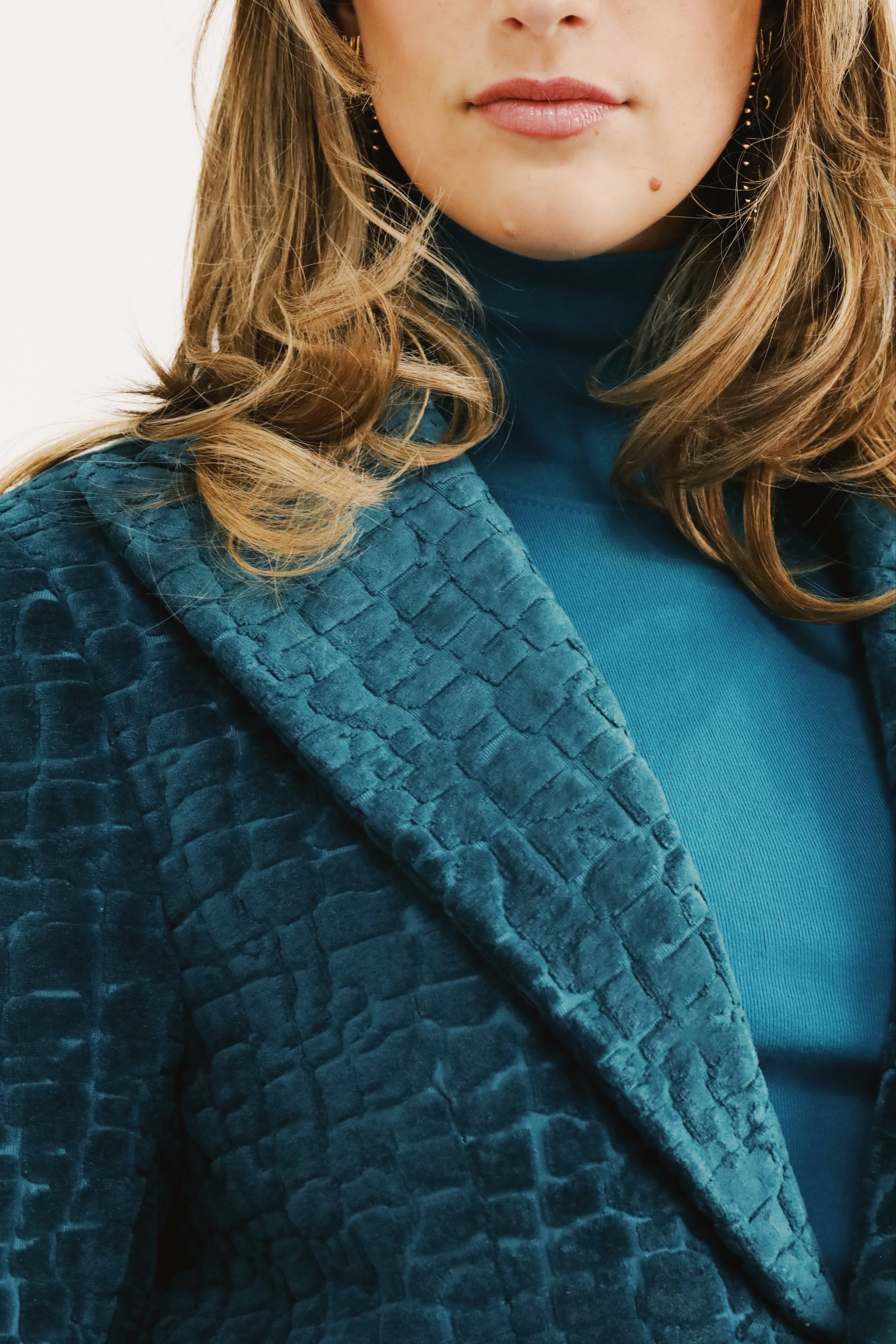 The Deep Teal Croc-Embossed Velvet Coat
