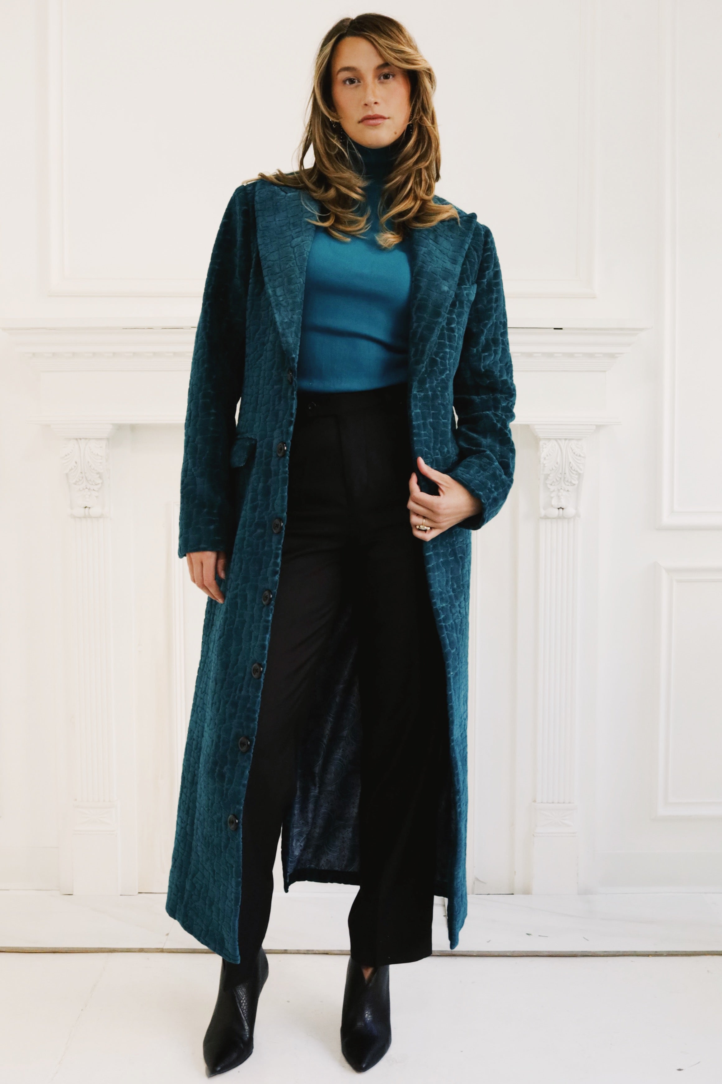 The Deep Teal Croc-Embossed Velvet Coat