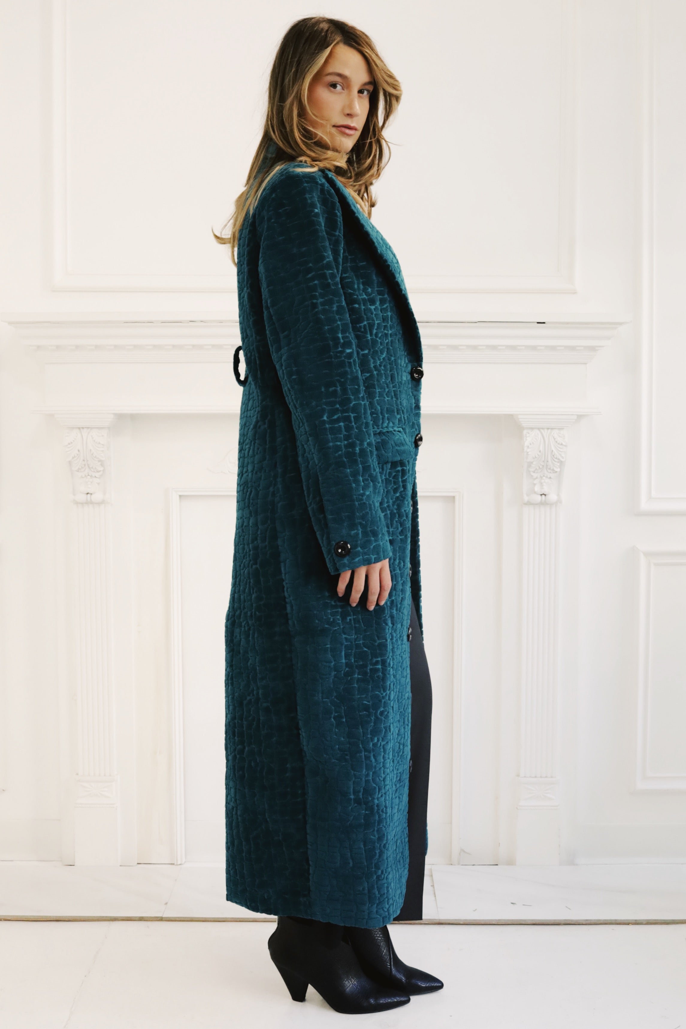 The Deep Teal Croc-Embossed Velvet Coat